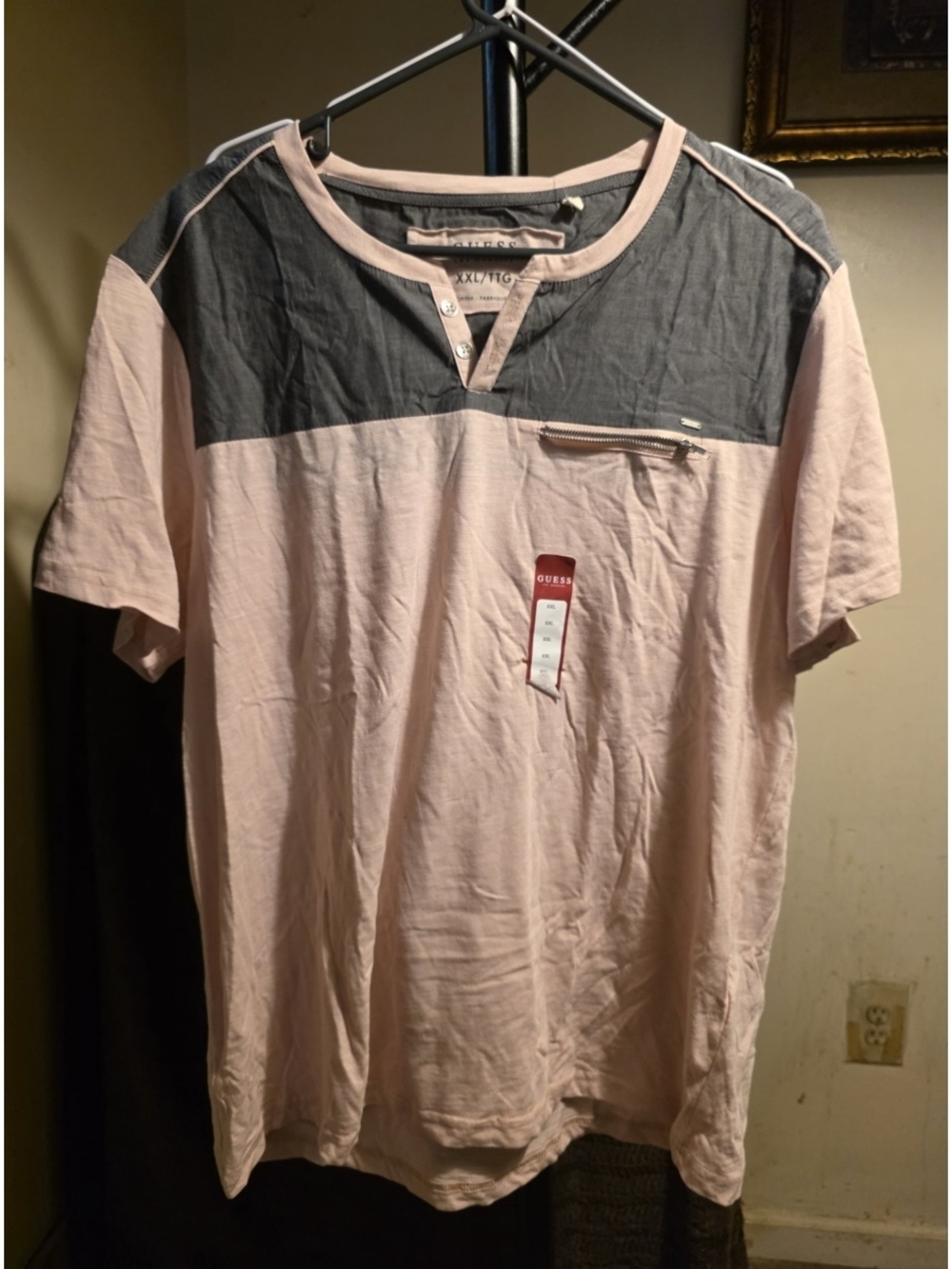 Guess Men’s Pink and Gray Short-Sleeve Henley Tee